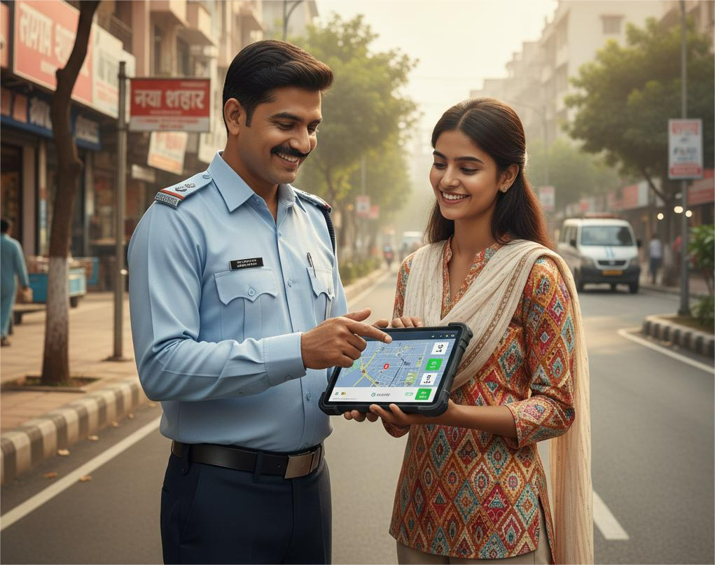 Citizen and municipal officer collaborating with tablet